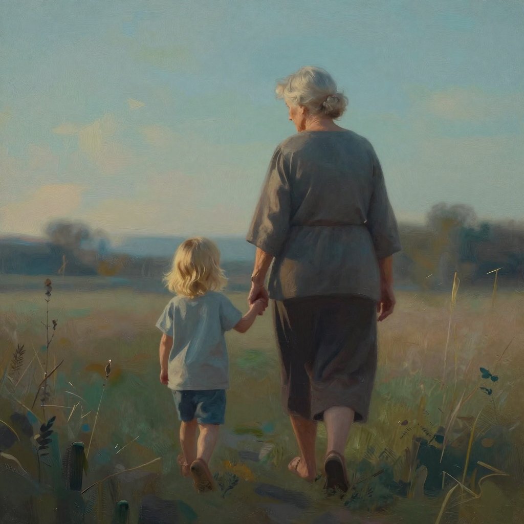Une grand-mère et sa petite-fille sur un chemin